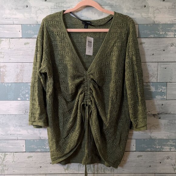 NWT Torrid 1X Open Stitch Pullover V-Neck Cinched Front Sweater Olivine - Picture 2 of 3